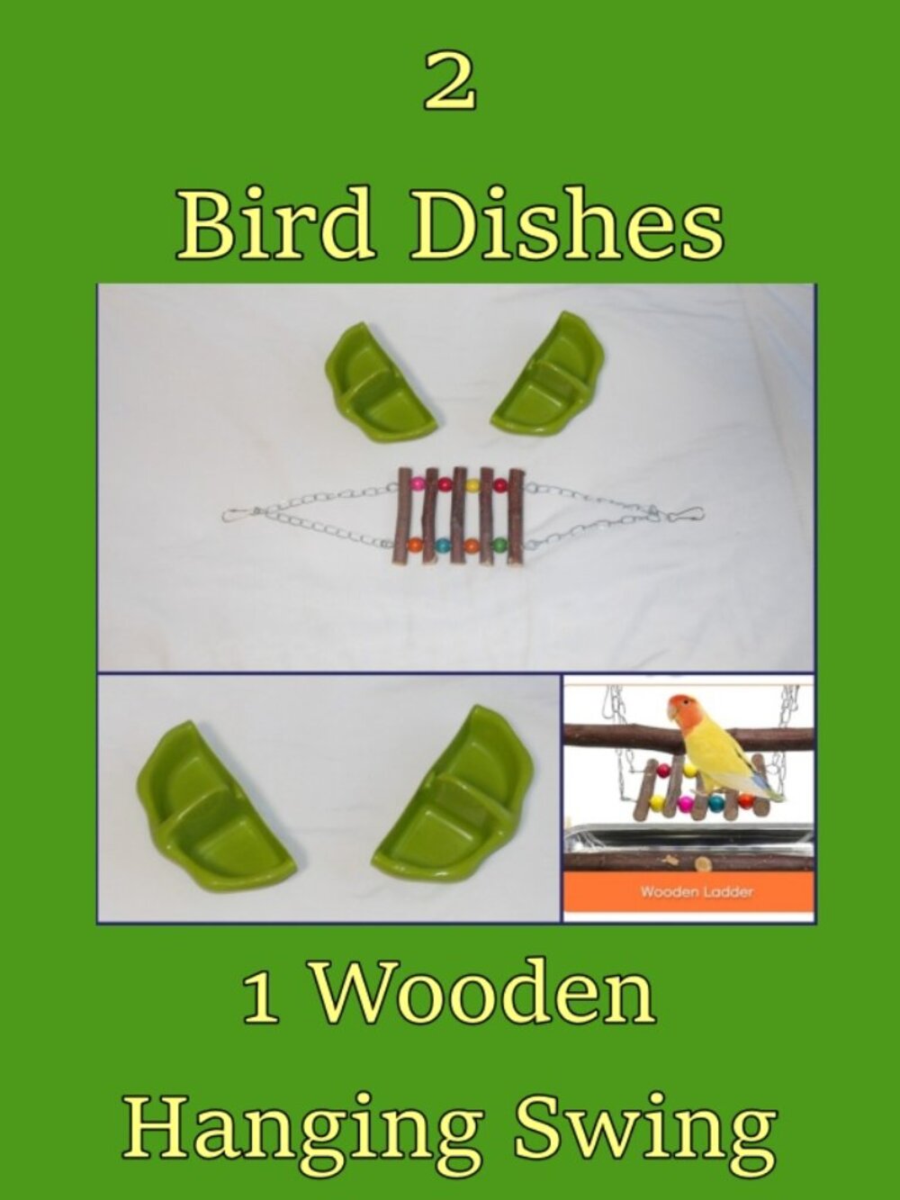 3pcs Set - 2 Green Bird dishes 1 Swinging Wooden Bridge Colorful Beads New Used